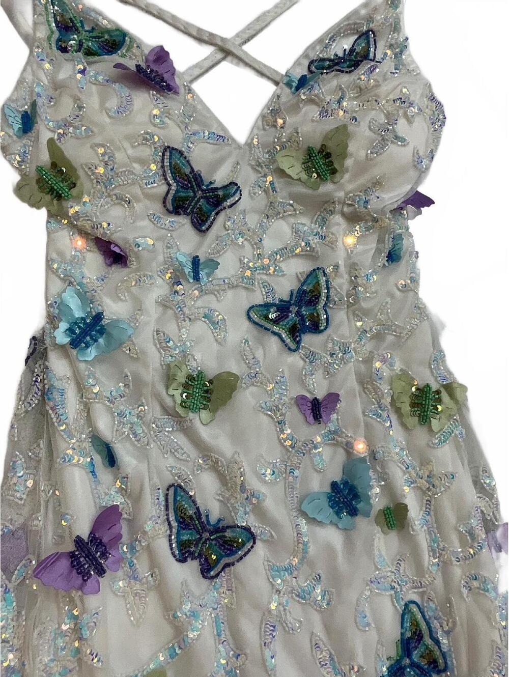 White Beaded Short Formal Dress Multicolor Butterflies - Picture 2 of 5